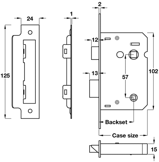 Brass Finish Mortice Bathroom Lock - 58mm Backset