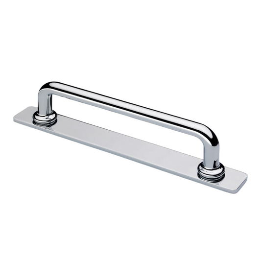 Banbury polished chrome cabinet bar handle on backplate from Crofts & Assinder