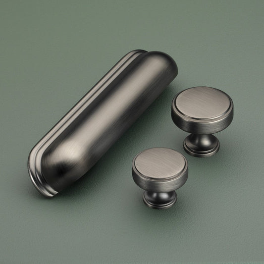 Crofts Assinder Calgary 128mm Gunmetal Cup Handle With Matching Cabinet Knobs