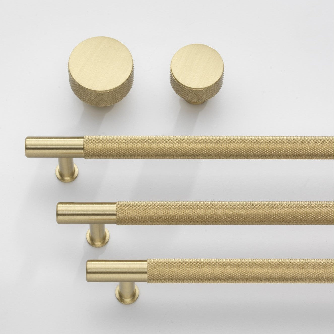Henley Brushed Satin Brass Knurled Cabinet Bar Handle and Knob Family
