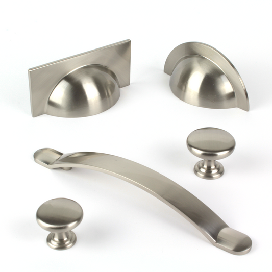 Monmouth brushed satin nickel cabinet handle collection with cup handles, bow handles and knobs