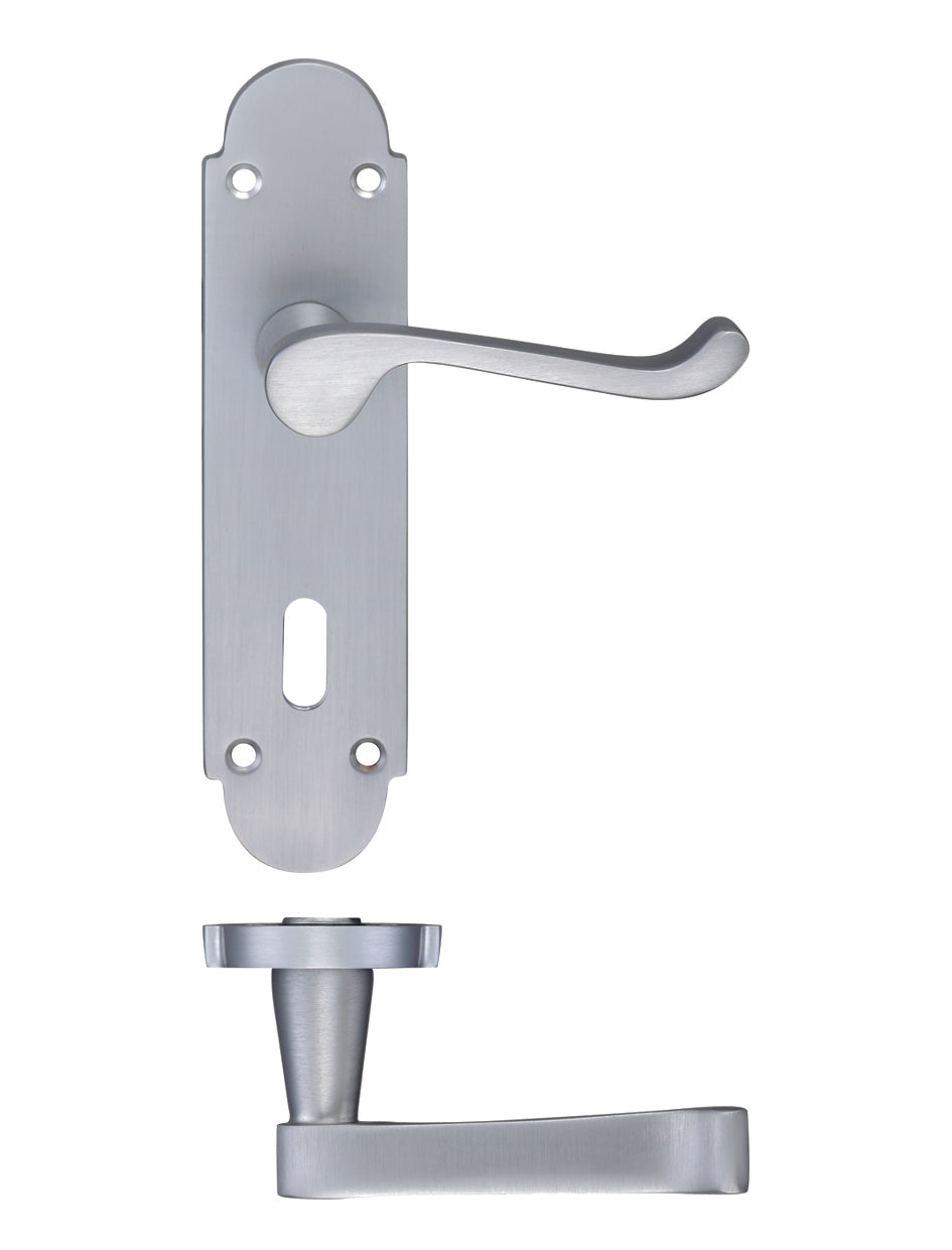 Satin Chrome Scroll Door Handles with Backplate for Lever Lock