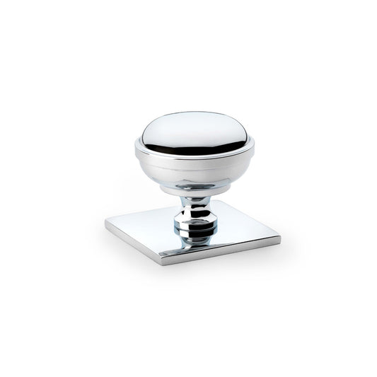 Quantock polished chrome cabinet knob on square backplate - 34mm