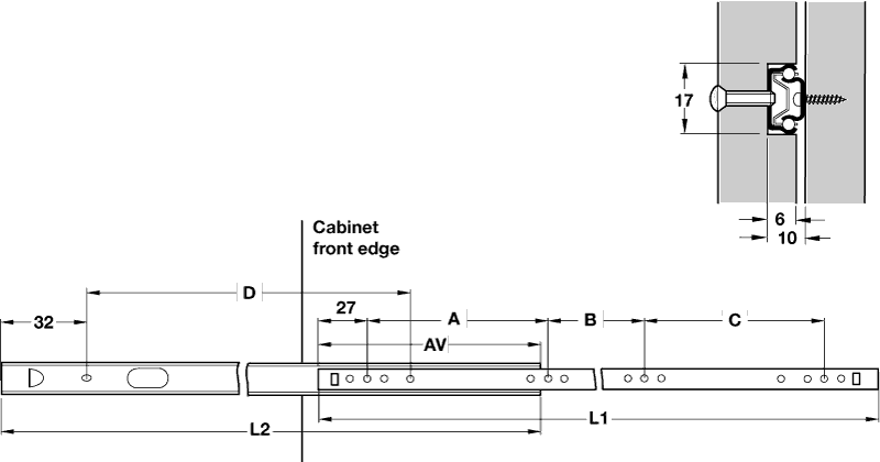 17mm Single Extension Ball Bearing Drawer Runners 250mm