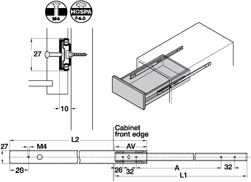310mm Drawer Runners - Single Extension - 27mm Groove