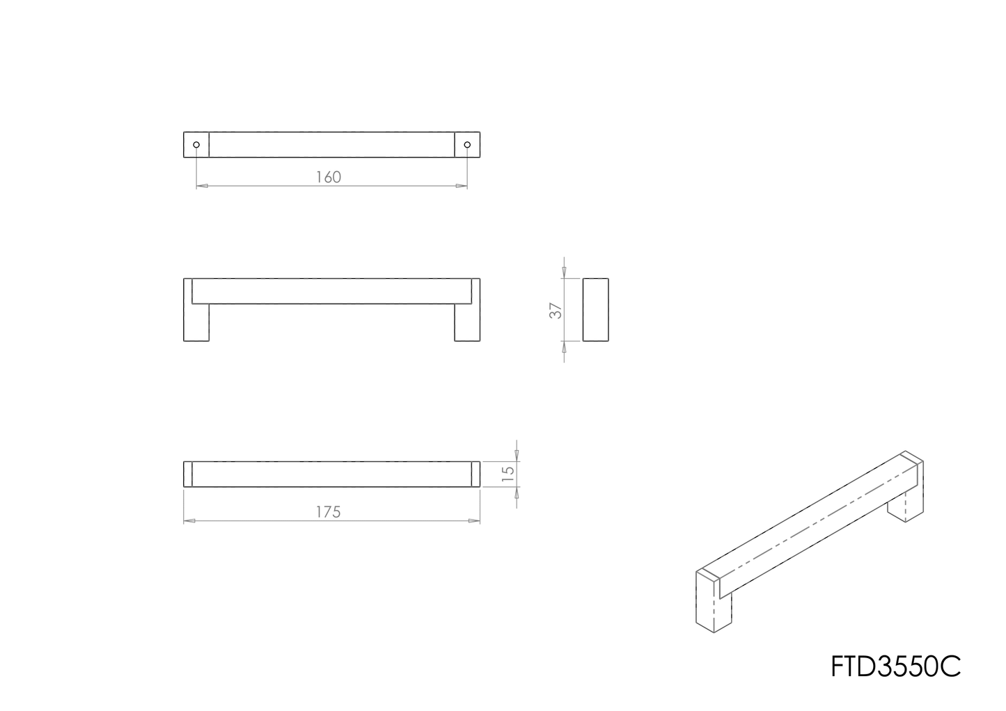 Square Satin Nickel Bar Handle - 160mm Centres