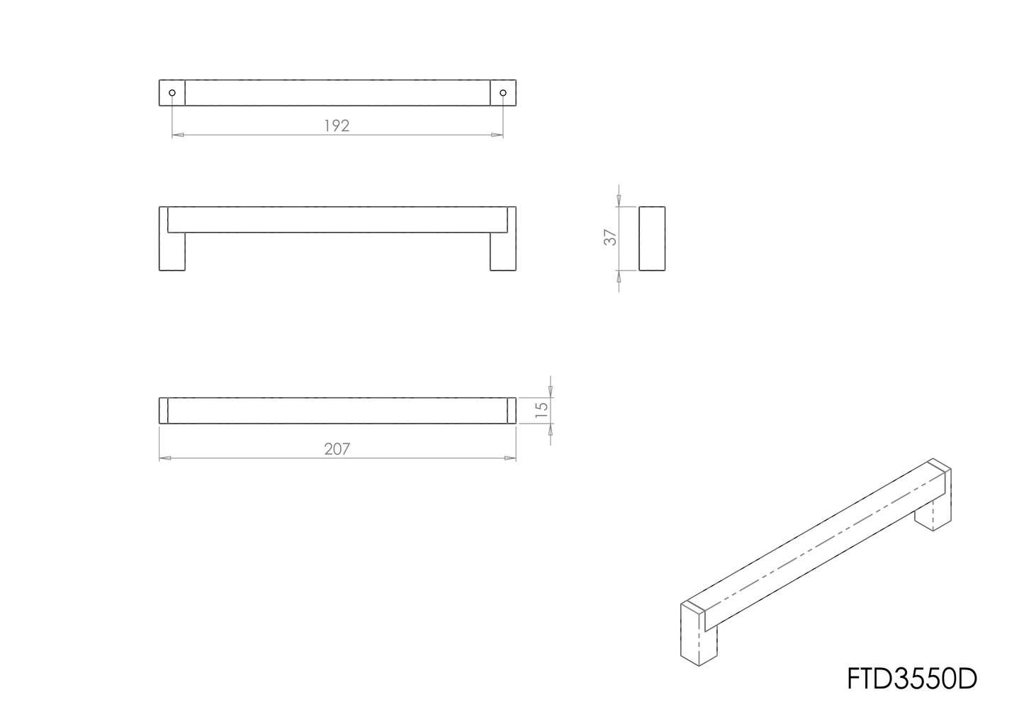 Square Satin Nickel Bar Handle - 192mm Centres