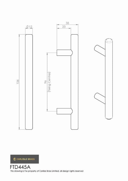 Polished Chrome T-Bar Cabinet Handle - 96mm Centres