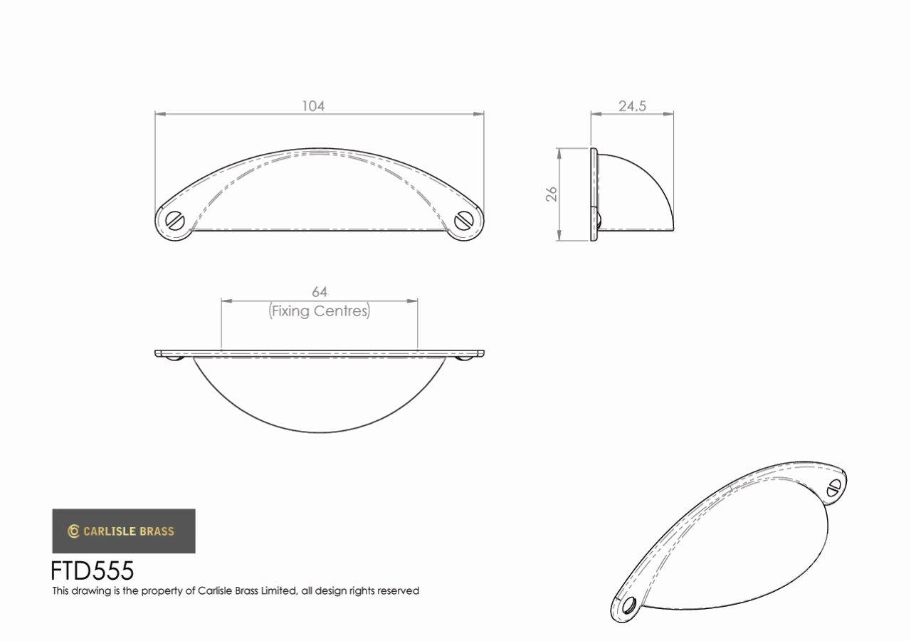 Pattern Cup Handle in Antique Burnished Brass - 64mm Centres