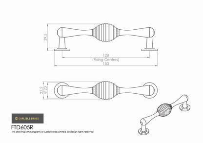 Satin Nickel Reeded Cabinet Handle - 128mm Centres