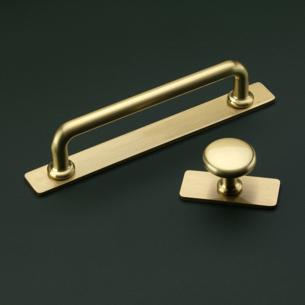 Banbury brushed satin brass cabinet handle range of bar handle and cabinet knob on backplate