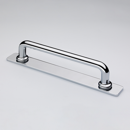 Banbury polished chrome cabinet bar handle on backplate from Crofts & Assinder