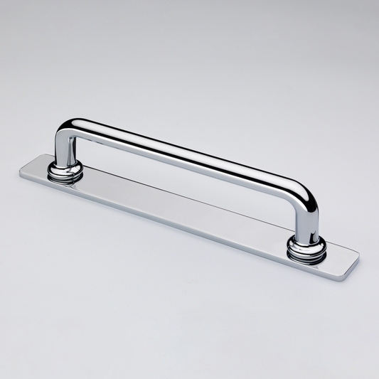 Banbury polished chrome cabinet bar handle on backplate from Crofts & Assinder