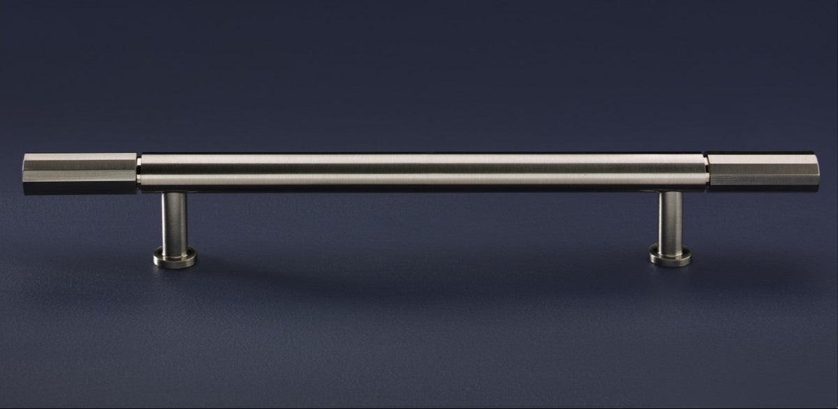 Broadway Brushed Satin Nickel Cabinet Bar Handle on Blue Cabinetry