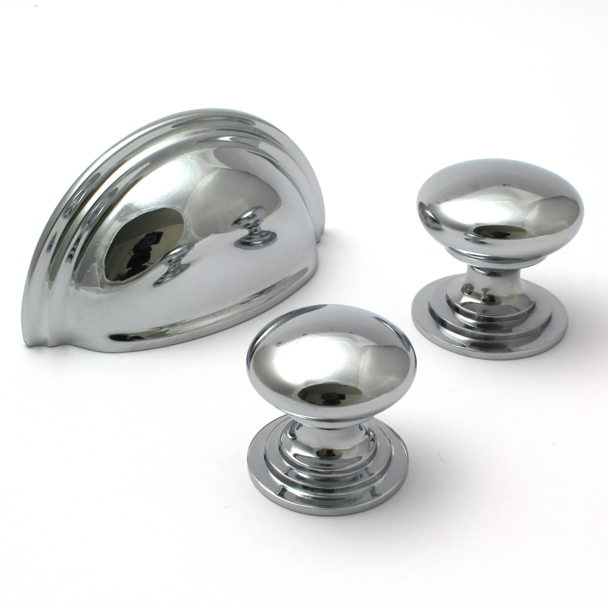 Victorian polished chrome cabinet knob with matching cup handle