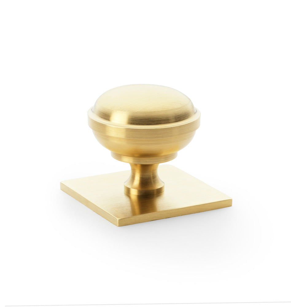 Quantock Satin Brass PVD Cupboard Knob on Square Backplate - 38mm