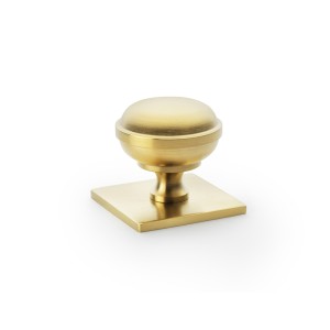 Quantock Satin Brass PVD Cupboard Knob on Square Backplate - 34mm